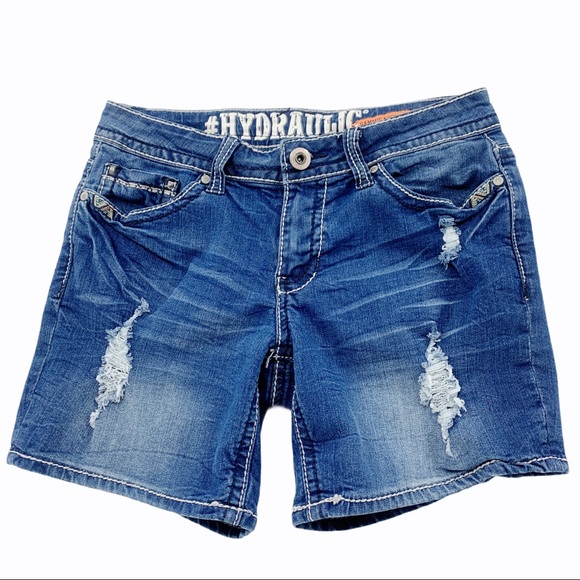 Distressed Denim Stretch Jean Shorts with Embroidered Pockets by Hydraulic - Picture 2 of 13